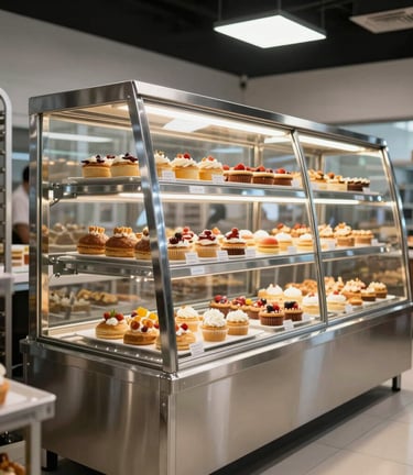 A high-end industrial stainless steel showcase vitrine for a bakery, displaying pastries under bright professional lighting, modern and clean style in a Colombian business.
