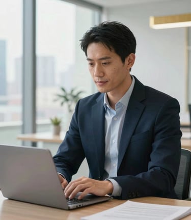 A professional financial advisor sitting in a bright, modern North American office. He is looking at a laptop with a calm and confident expression. The background shows a blurry city view and minimalist decor in navy and gold.