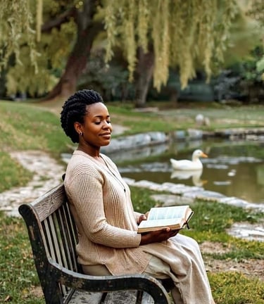 A woman relaxes on a park bench reading a book near a pond with a white duck.