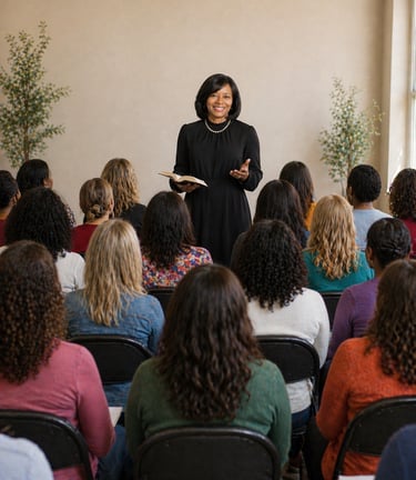 A Patricia Clarkson holding a book leads a women's empowerment seminar for a diverse group.