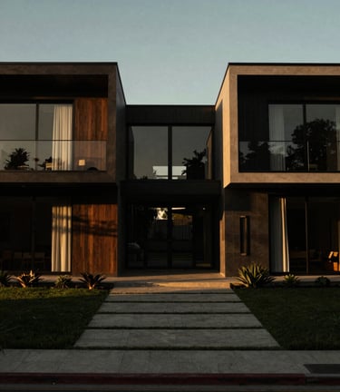 Symmetrical architectural elevation of a modern luxury Chilean villa at golden hour, deep shadows, high-contrast dark tones, 35mm editorial photography