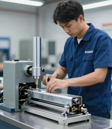 A professional craftsman working on a zinc folding machine in a modern workshop. The atmosphere is efficient and high-end, focusing on high-quality craftsmanship. The scene uses professional lighting and incorporates brand colors like #455A64.