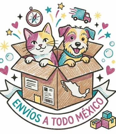 Gato y perro de caricatura en una caja de envío con un cartel de Envíos a todo México