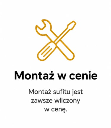 Yellow tool icon with Polish text stating professional ceiling installation is included in the price.