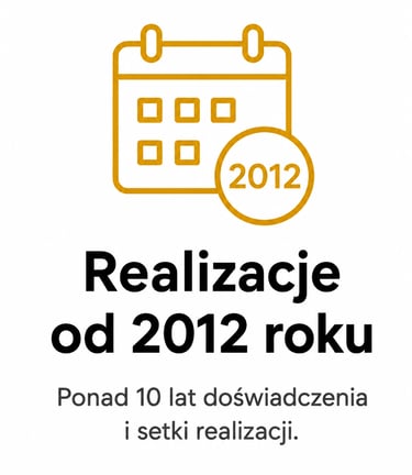 Yellow calendar icon with Polish text about projects and experience since 2012.