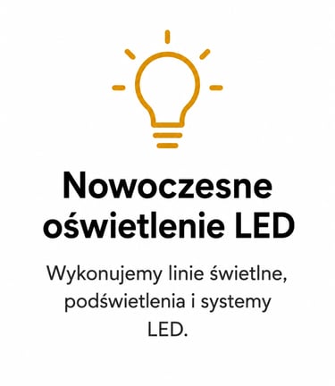 Nowoczesne oświetlenie LED, systemy i linie świetlne - grafika z ikoną żarówki.