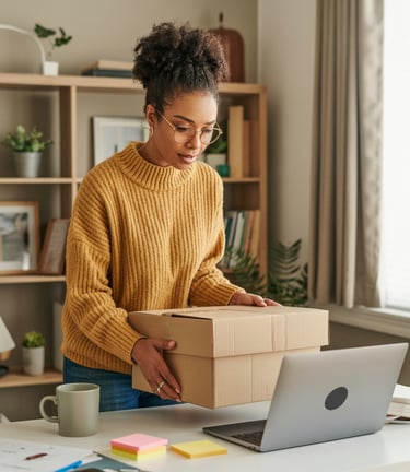 a woman holding a box with a box on it