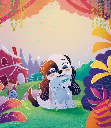 Children’s book illustrator style - colorful whimsical dog and girl in a barn