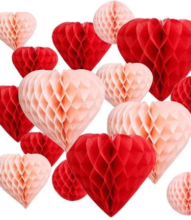 UNIQOOO 16 Pack Red Blush Pink Party Decoration Pom Pom | Heart & Ball Tissue Paper Honeycomb | Perf
