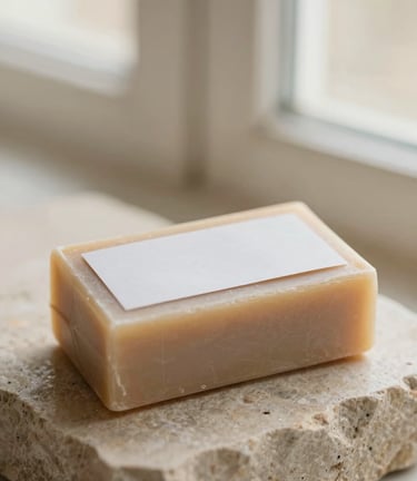 Close-up macro shot of a kraft-wrapped soap bar with a clean white label resting on a rough limestone block, soft morning window light, warm cream tones, 35mm.