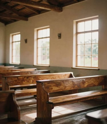 Warm golden hour light filtering through the windows of a humble local church sanctuary in Isabela, wooden pews, peaceful atmosphere, 35mm film look.
