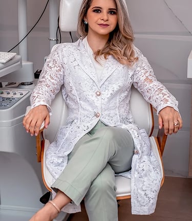 Dra. Nathália Madeira, oftalmologista especialista em cirurgia de catarata, vítreo e retina, sentada