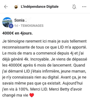 Résultat membre formation LID Sonia. produit digital