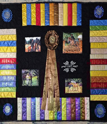 Custom memory quilt featuring show ribbons and printed photos