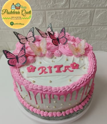 cumpleaños mariposa torta personalizada mujer rosado pasteleria queti