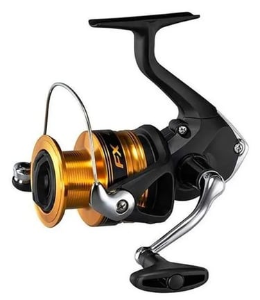 molinete shimano fx pesca leve preto com detalhes dourado. bom para pesca leve.