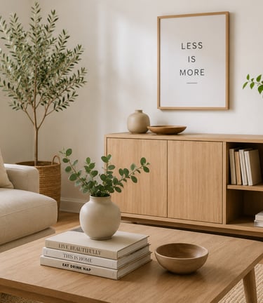 Minimalist living room with simple decor and organized spaces that support sustainable living.