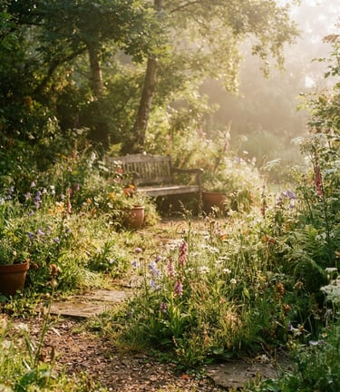 Warm sun-dappled garden corner with lush native Dutch wildflowers, a wooden bench in the background, soft morning mist, shallow depth of field, 35mm film