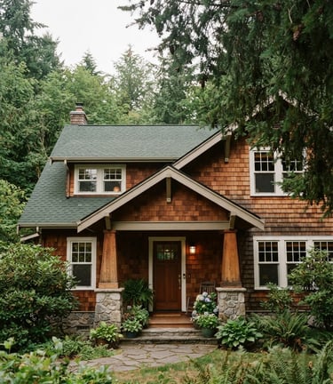 A medium-close shot of a warm cedar-sided craftsman home in Clark County, soft diffused daylight, pine branches framing the upper corner, 35mm film.