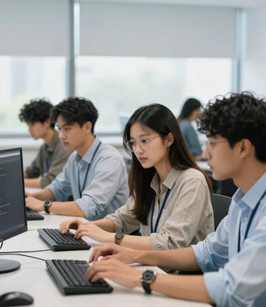Diverse students collaborating on a coding project in a modern tech lab, bright natural light, professional cool tones.