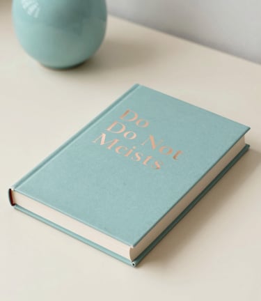 A high-end, professional book mockup with a matte cover and rose gold foil lettering, placed on a clean cream-colored workspace with a soft turquoise vase in the background, embodying premium quality and a heavenly aesthetic.