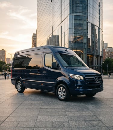 Pristine Mercedes-Benz Sprinter parked outside a modern corporate glass skyscraper, golden hour light reflecting on polished dark blue body, sharp focus, premium automotive photography