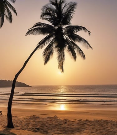 a beach with palm trees and chairs and umbrellas