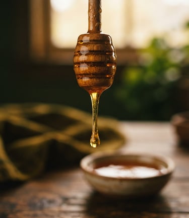 Macro close-up of pure organic Sidr honey dripping slowly from a wooden dipper, warm golden window light, shallow depth of field, 35mm