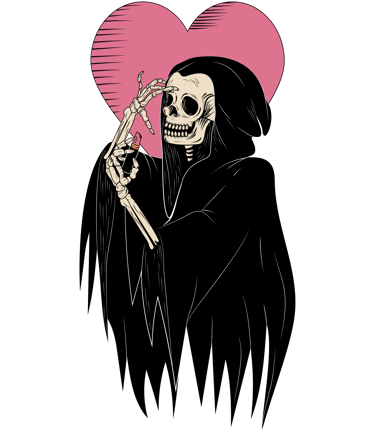 Gothic illustration of a skeleton grim reaper applying pink lipstick in front of a large heart.