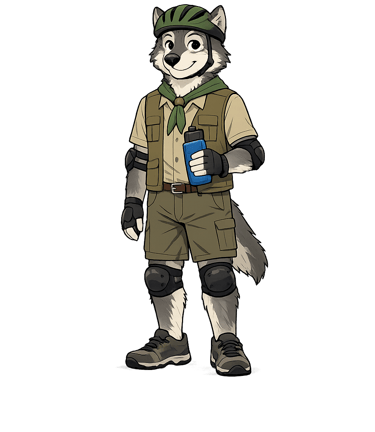 A wolf scout leader wearing a bike helmet and holding a water bottle.