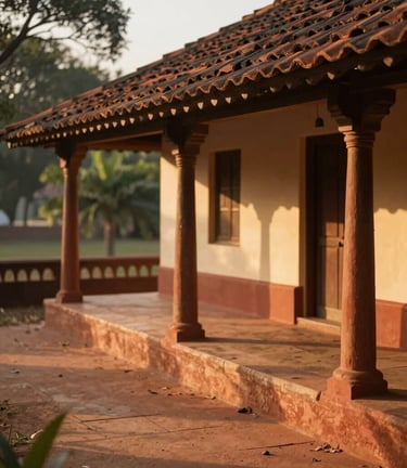 Warm editorial photography of a sun-drenched clay-tiled verandah of a heritage homestead in Maharashtra, golden-hour sunlight casting long soft shadows, 35mm.