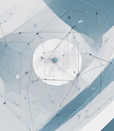 Abstract digital network visualization with blue lines and dots on a white geometric background.