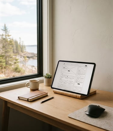 A minimalist, sunlit office desk in Sept-Îles, soft northern daylight, a tablet displaying a clean minimalist website wireframe, warm neutral tones, 35mm photography