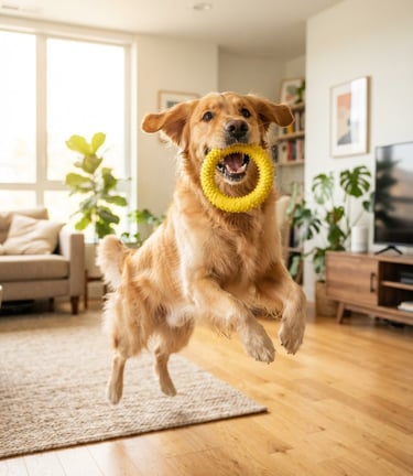 Happy golden retriever catching a yellow non-toxic rubber toy in a bright modern apartment, warm natural daylight, shallow depth of field, 35mm.