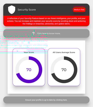 Security score dashboard showing a medium risk rating with circular charts comparing user and average scores.