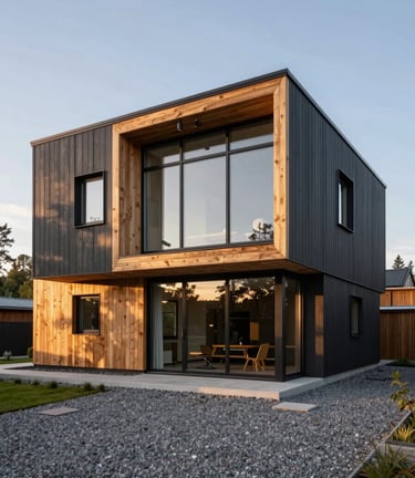 A high-end architectural photograph of a modern Northern European / Finnish detached house. The structure features clean lines, a mix of natural wood and dark gray panels, large floor-to-ceiling windows, and a minimalist gravel driveway. Professional lighting during the golden hour to emphasize luxury and quality.
