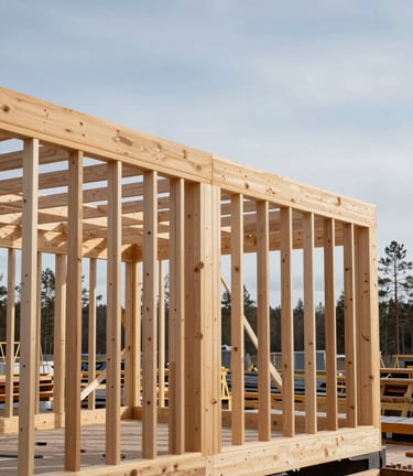 A professional construction scene in a Northern European / Finnish environment showing the frame of a modern wooden house under a clear sky. The focus is on precision engineering and clean materials like light-colored wood beams.