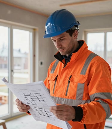 A close-up photograph of a professional construction worker in a high-visibility bright orange jacket checking architectural plans inside a modern, bright Northern European / Finnish home under construction. High-quality craftsmanship and professional lighting.