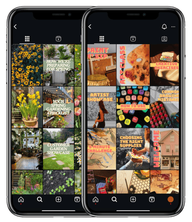A phone showing an instagram grid, the grid shows social media posts for artists and creatives