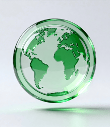 3D glassmorphism icon of a globe, for strategic global production.