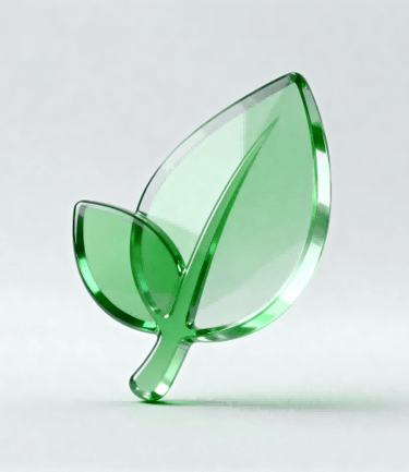 3D glassmorphism icon of a leaf, for global compliance & sustainability.