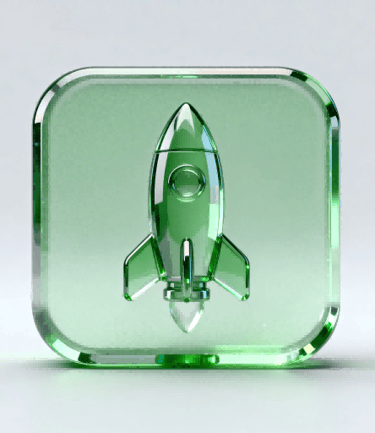 3D glassmorphism icon of a rocket, for agility and speed in sampling.