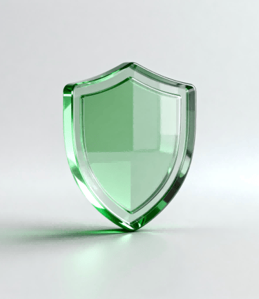 3D glassmorphism icon of a shield, symbolizing tariff-friendly solutions.