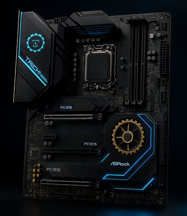 ASRock X870E Taichi motherboard with gear-themed RGB lighting