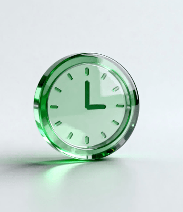 3D glassmorphism icon of a clock, symbolizing on-time delivery.