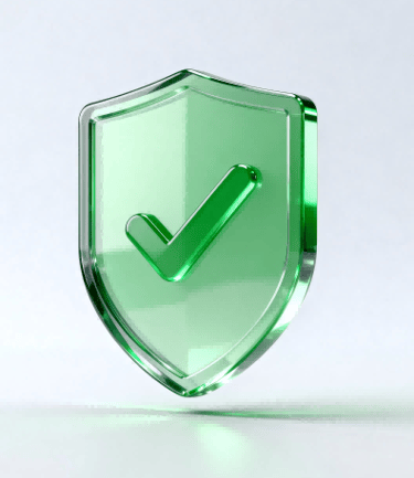 3D glassmorphism icon of a shield with a checkmark, for zero-risk quality assurance.