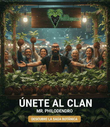 Un grupo de jardineros felices sosteniendo plantas de filodendro en macetas en un puesto del mercado