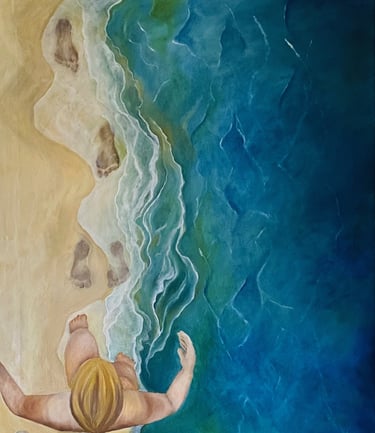 Aerial view painting of a person walking on a sandy beach with blue ocean waves and footprints.