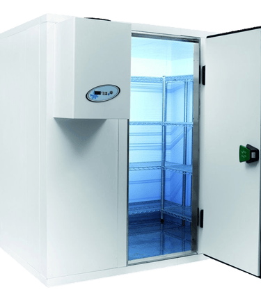 Commercial walk-in cooler with open door revealing interior wire shelving and refrigeration unit.
