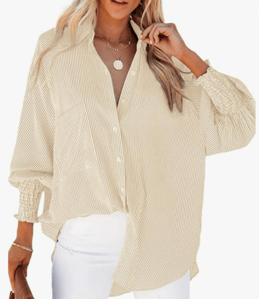 light yellow collard shirt with cuffed sleaves that have rouching